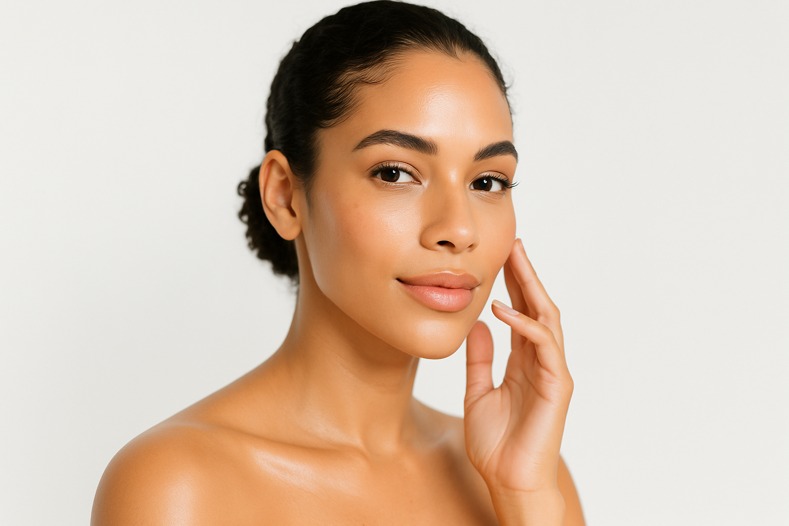 Banner de skincare con modelo puertorriqueña y fondo claro