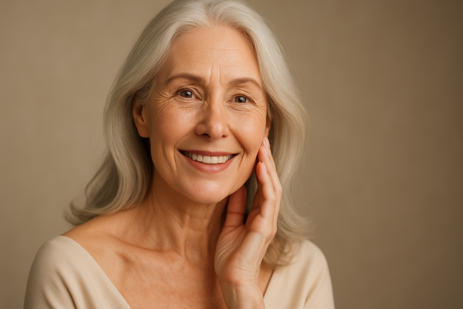 Mujer mayor elegante para productos antiedad