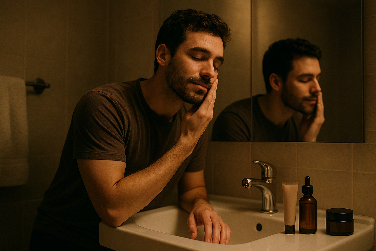 Un hombre aplicando su rutina de cuidado facial nocturna con productos sin etiquetas
