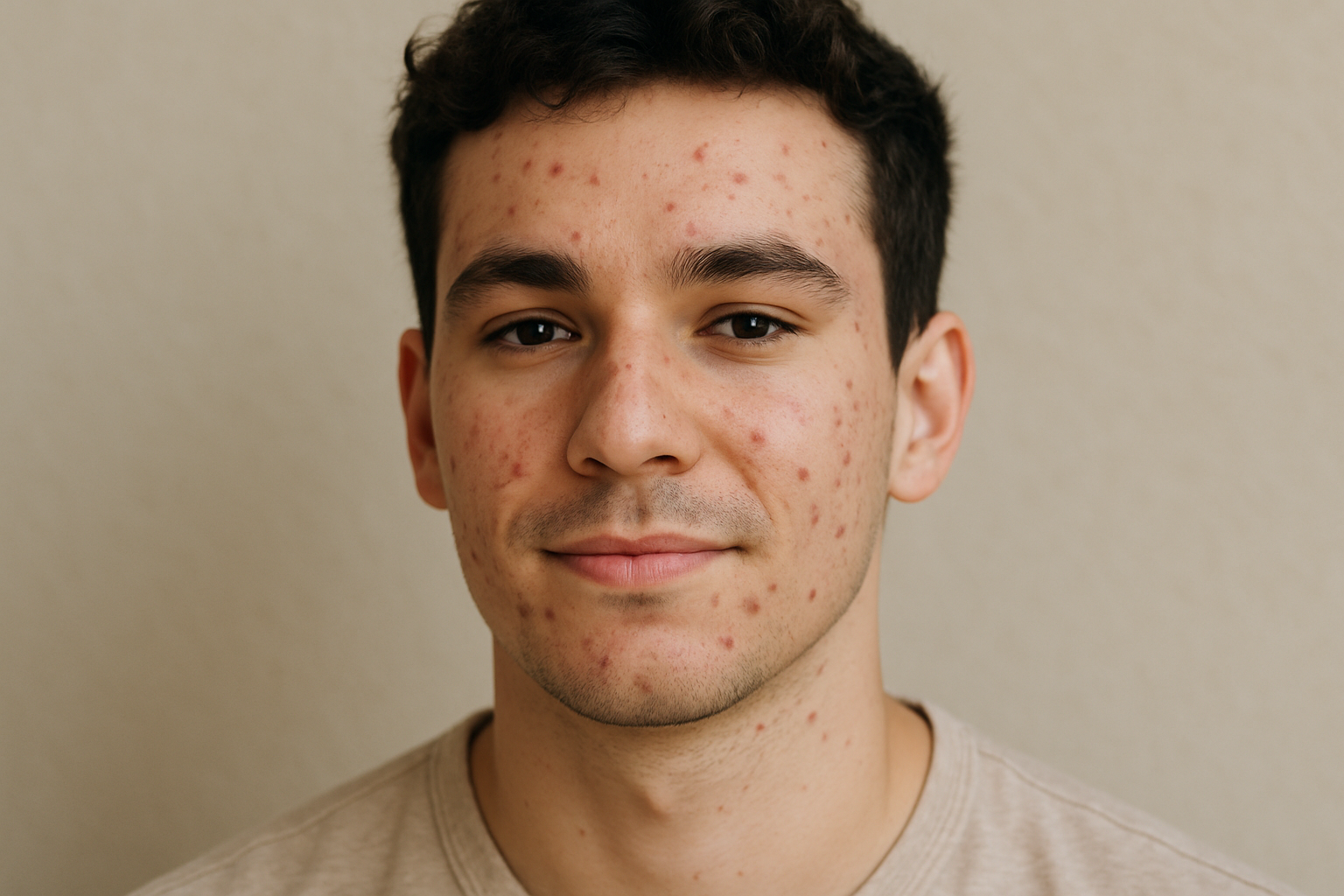Un joven con acné mostrando una expresión natural y confiada