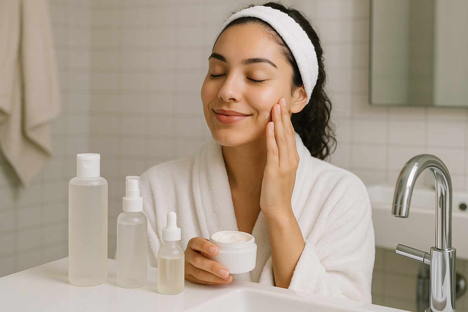 Una mujer aplicando su rutina de skincare matutina con productos sin etiquetas
